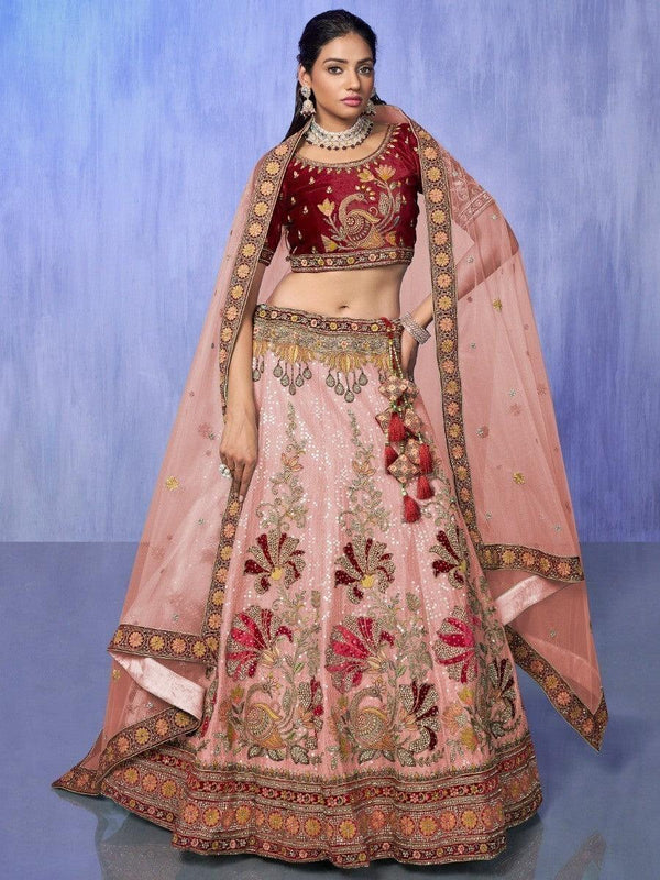 Gorgeous Peach Embroidered Velvet Lehenga Choli With Dupatta