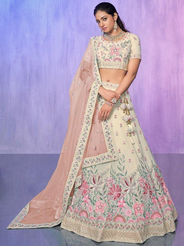 Sweet Off-White Embroidered Georgette Lehenga Choli With Dupatta