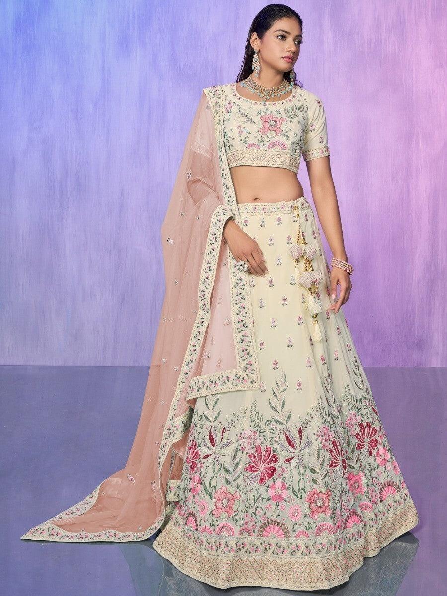 Sweet Off-White Embroidered Georgette Lehenga Choli With Dupatta