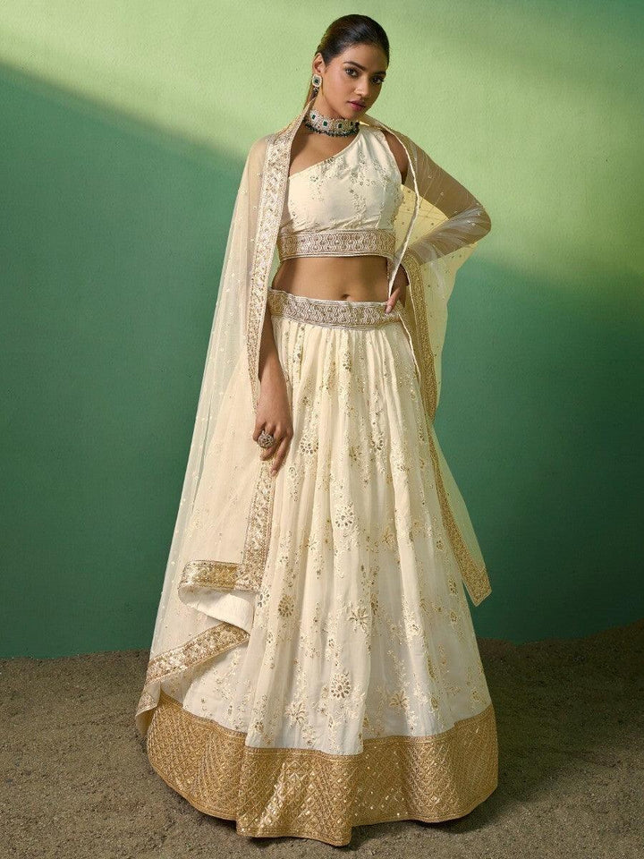 Gorgeous Cream Sequins Georgette Designer Lehenga Choli With Dupatta