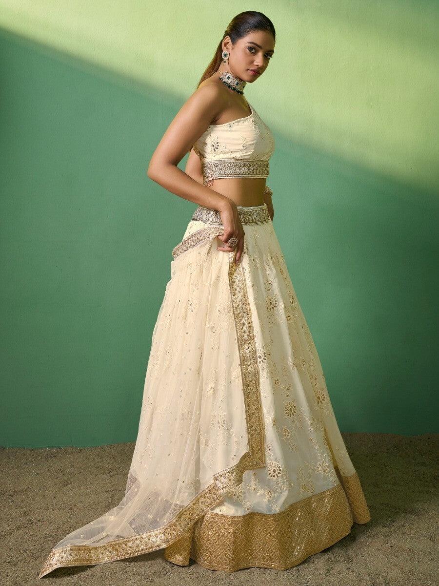 Gorgeous Cream Sequins Georgette Designer Lehenga Choli With Dupatta