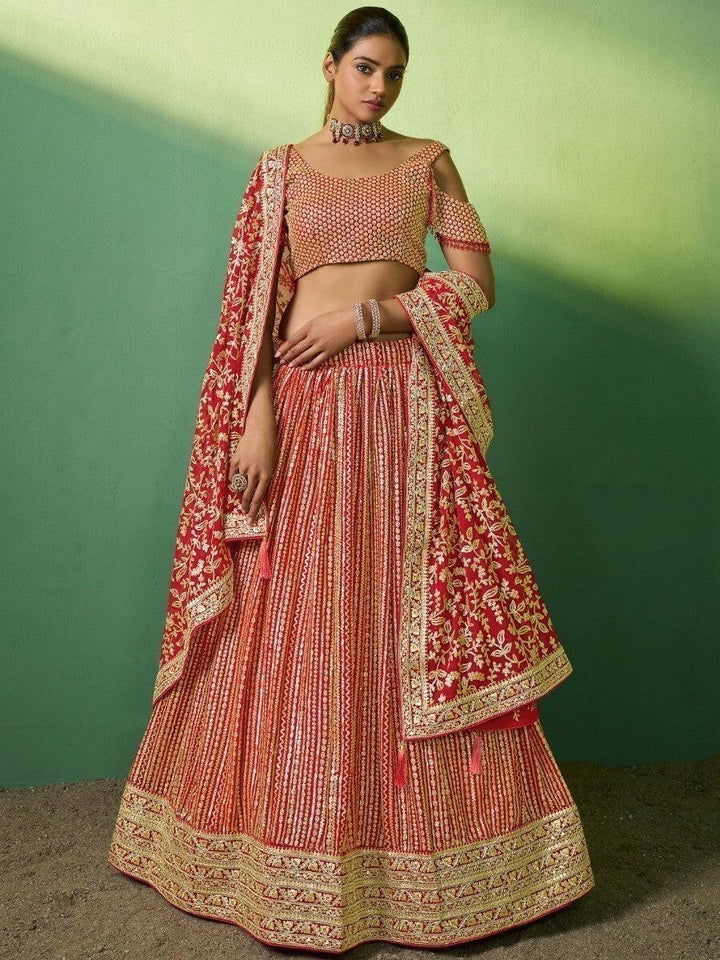 Dazzling Red Sequins Georgette Reception Wear Lehenga Choli With Dupatta