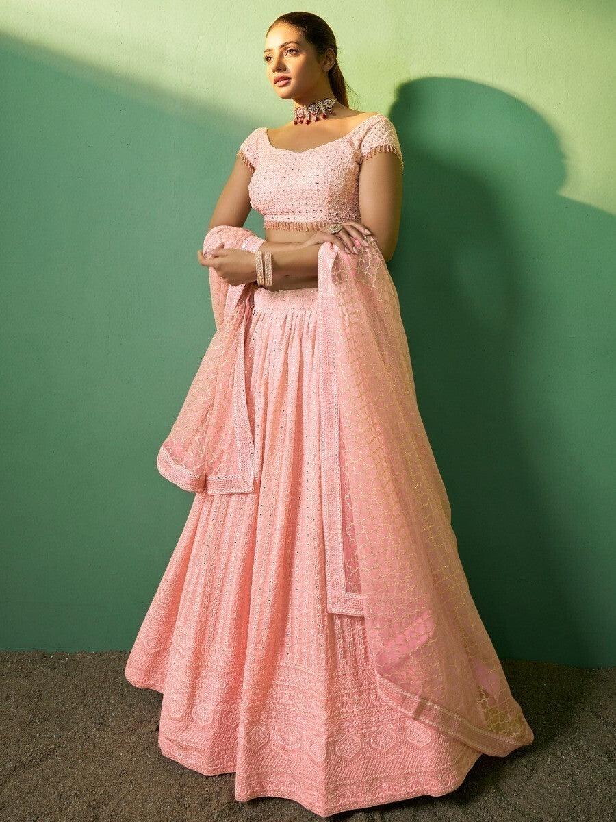 Awesome Peach Embroidered Georgette Engagement Wear Lehenga Choli