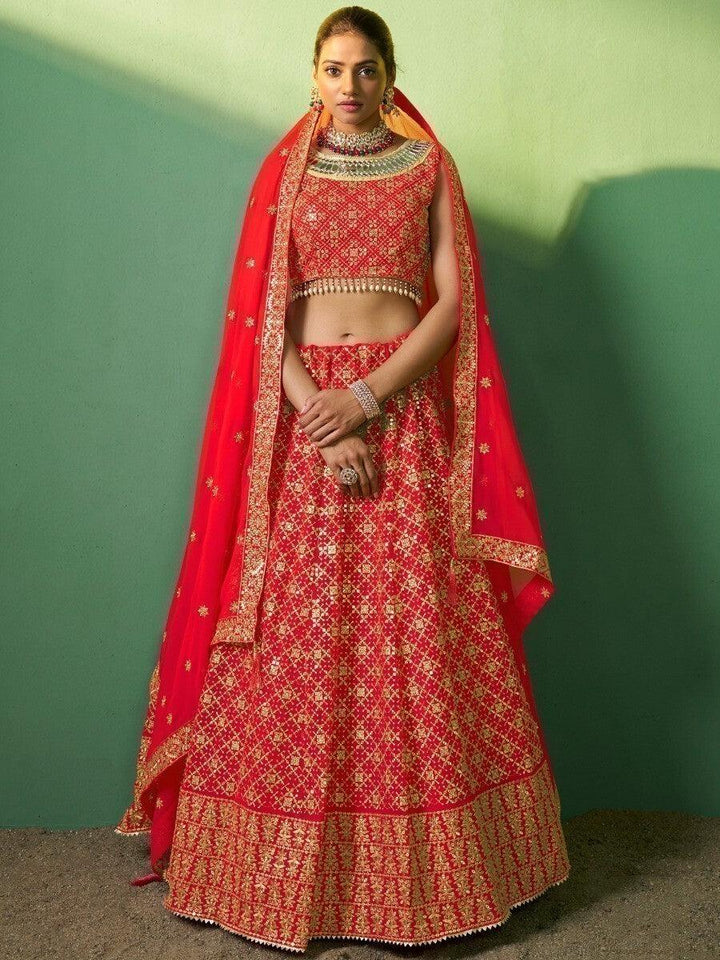 Beautiful Red Sequins Georgette Designer Lehenga Choli With Dupatta