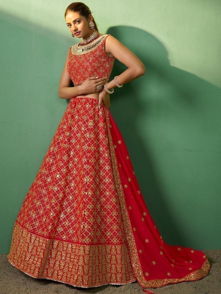 Beautiful Red Sequins Georgette Designer Lehenga Choli With Dupatta