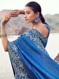 Stunning Blue Heavy Embroidered Satin Wedding Wear Saree With Blouse