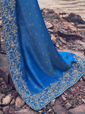 Stunning Blue Heavy Embroidered Satin Wedding Wear Saree With Blouse