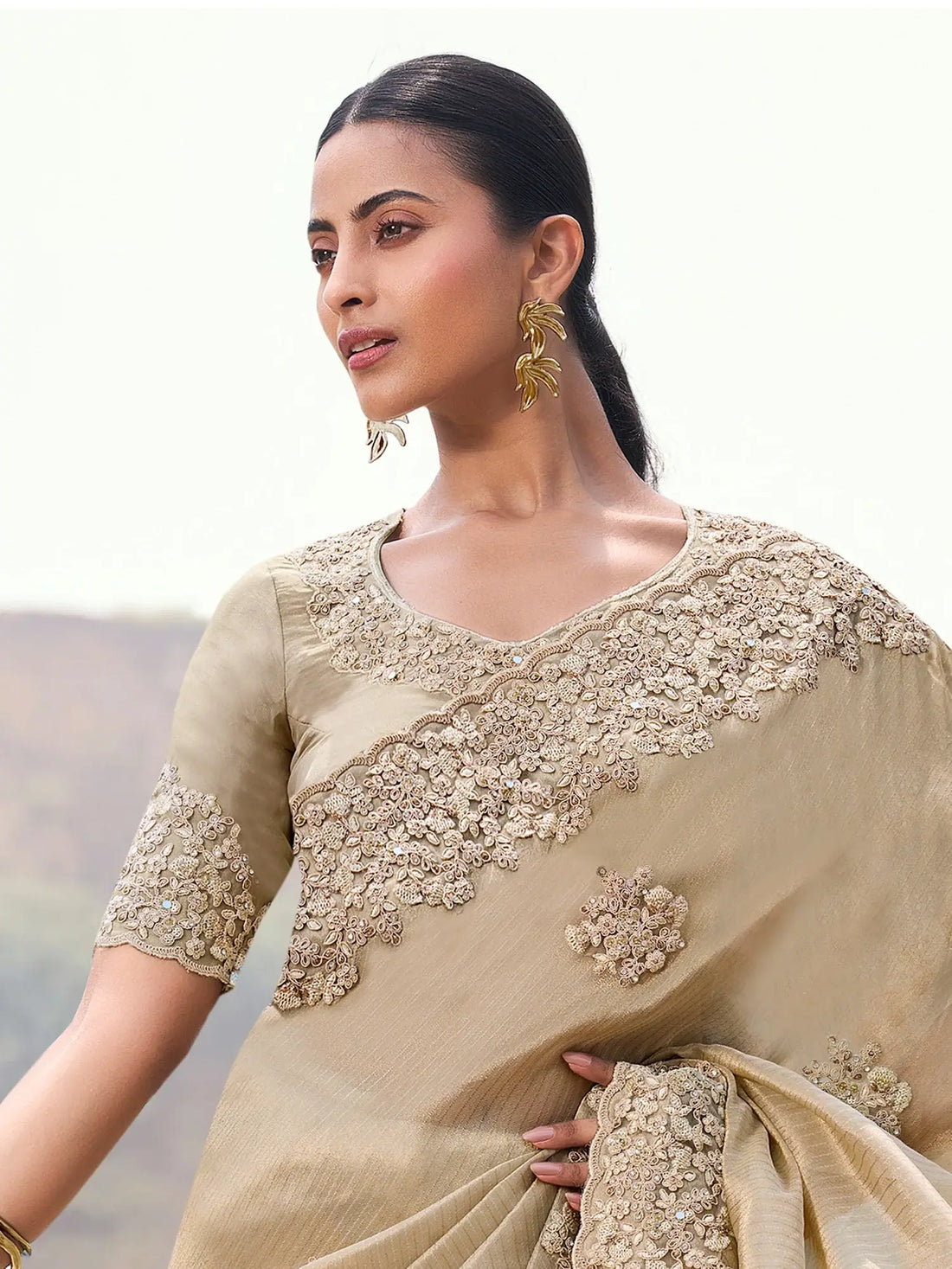 Majestic Beige Khatli Work Tissue Engagement Wear Saree With Blouse