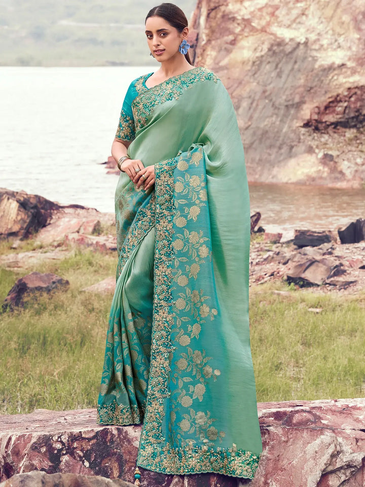Ravishing Green Sequins Work Tissue Mehendi Wear Saree With Blouse