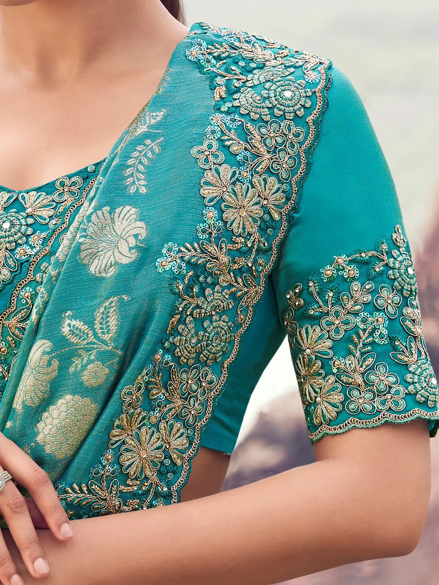 Ravishing Green Sequins Work Tissue Mehendi Wear Saree With Blouse