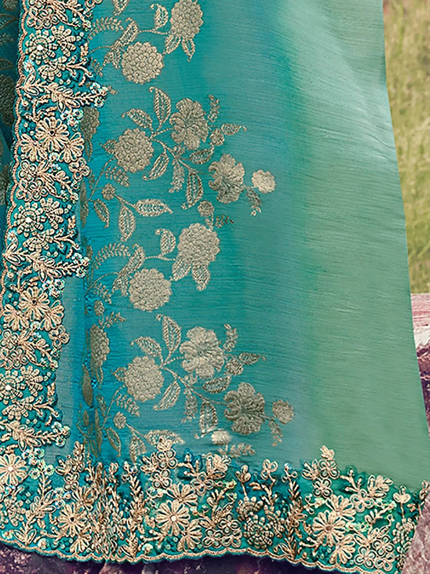 Ravishing Green Sequins Work Tissue Mehendi Wear Saree With Blouse