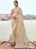 Fantabulous Beige Heavy Embroidery Satin Designer Saree With Blouse