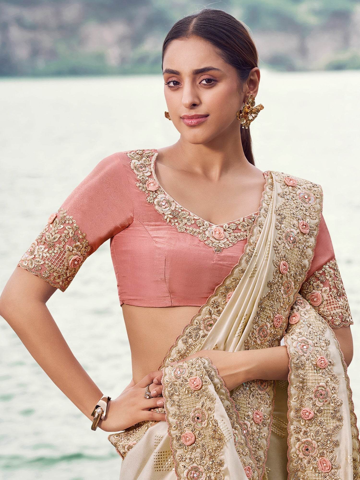 Fantabulous Beige Heavy Embroidery Satin Designer Saree With Blouse