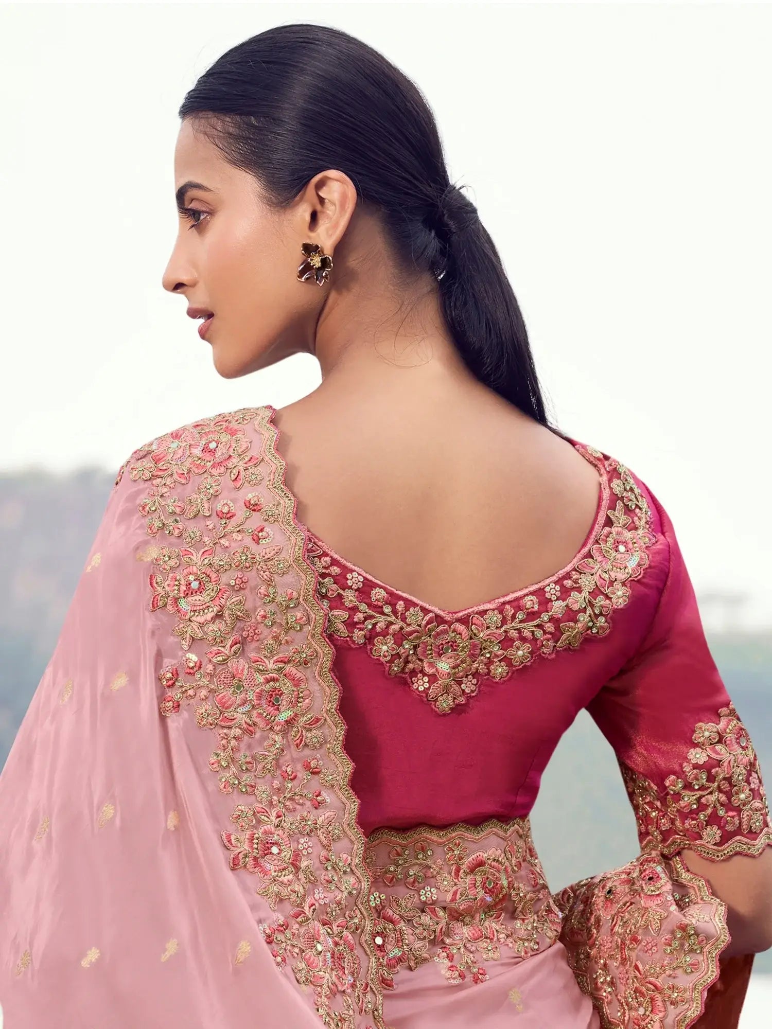 Regal Peach Zari Weaving Tissue Engagement Wear Saree With Blouse