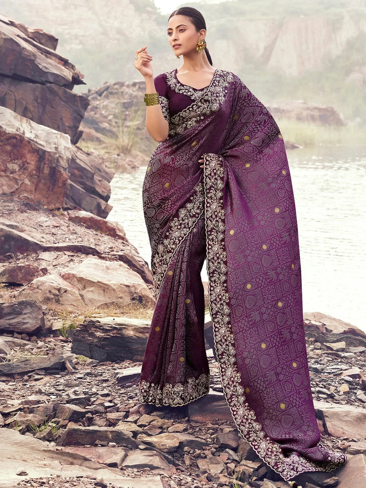 Striking Wine Thread Embroidery Satin Reception Wear Saree With Blouse