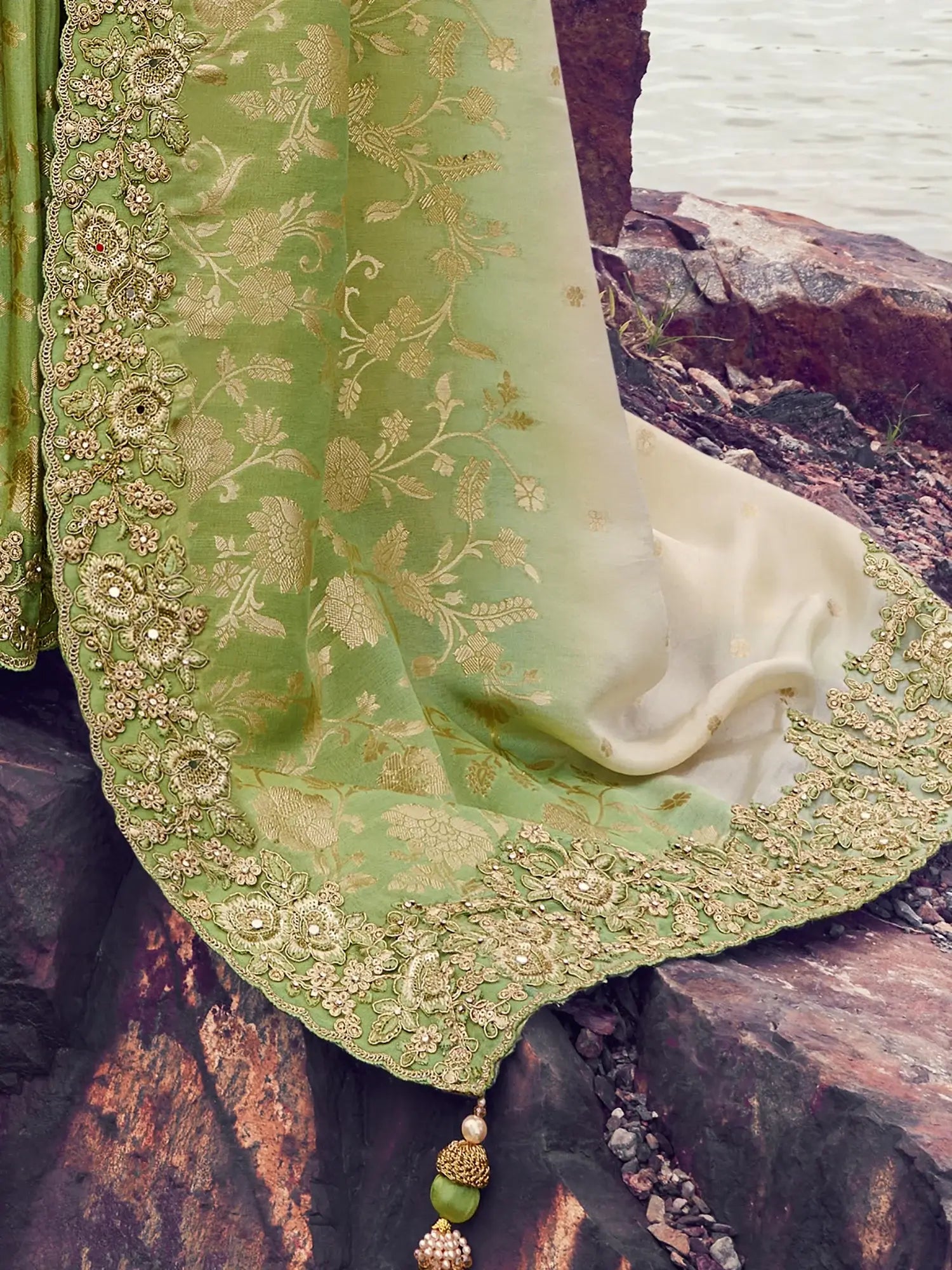 Precious Green Thread Embroidered Tissue Festive Wear Saree With Blouse