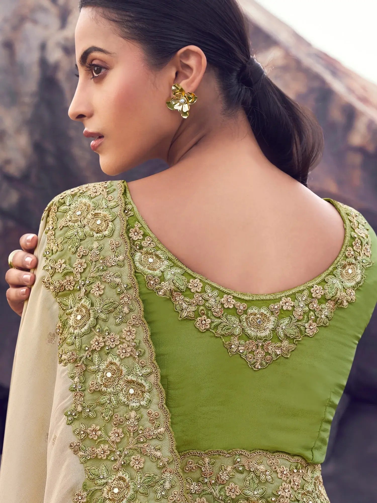 Precious Green Thread Embroidered Tissue Festive Wear Saree With Blouse