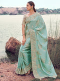 Super Blue Sequins Embroidered Tissue Marriage Wear Saree With Blouse