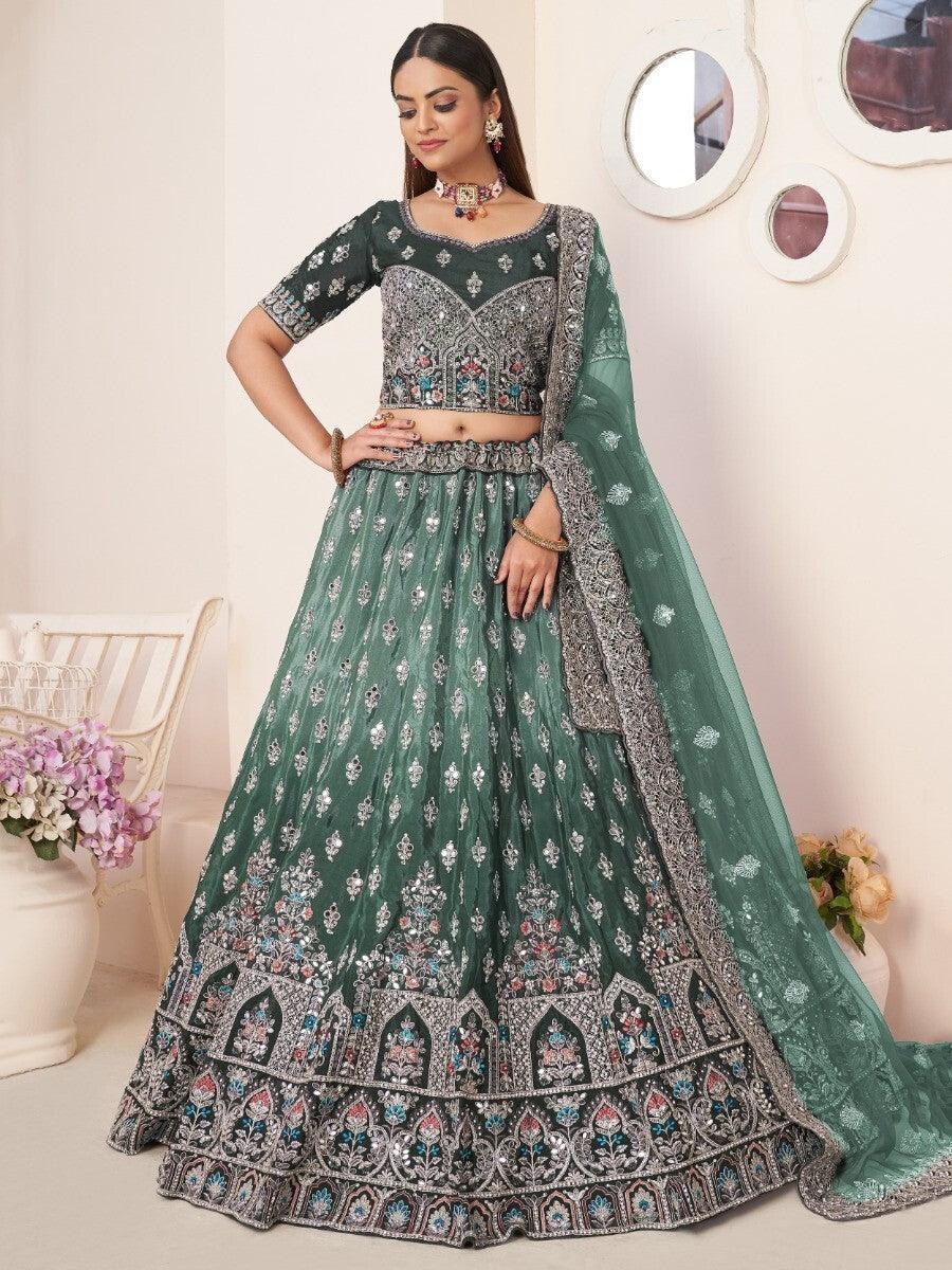 Beautiful Green Thread Work Satin Lehenga Choli With Dupatta