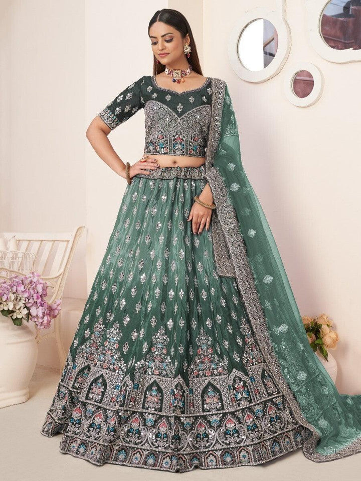 Beautiful Green Thread Work Satin Lehenga Choli With Dupatta