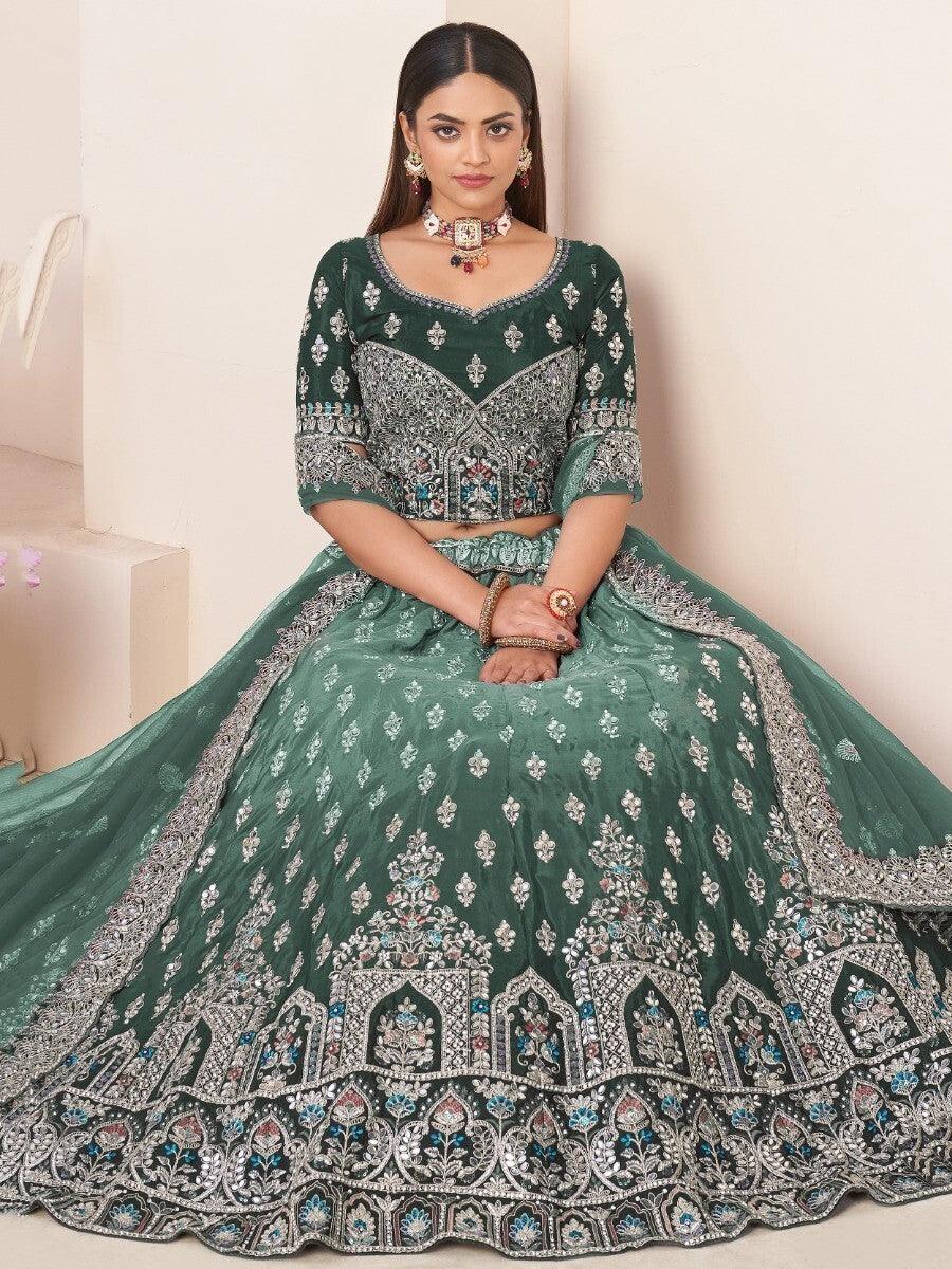 Beautiful Green Thread Work Satin Lehenga Choli With Dupatta