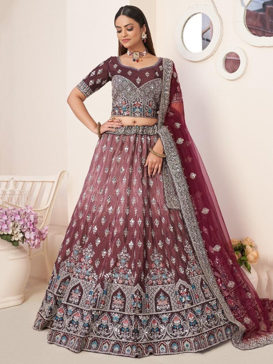 Marvelous Maroon Thread Work Satin Engagement Wear Lehenga Choli