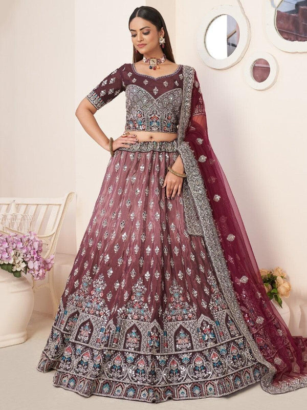 Marvelous Maroon Thread Work Satin Engagement Wear Lehenga Choli