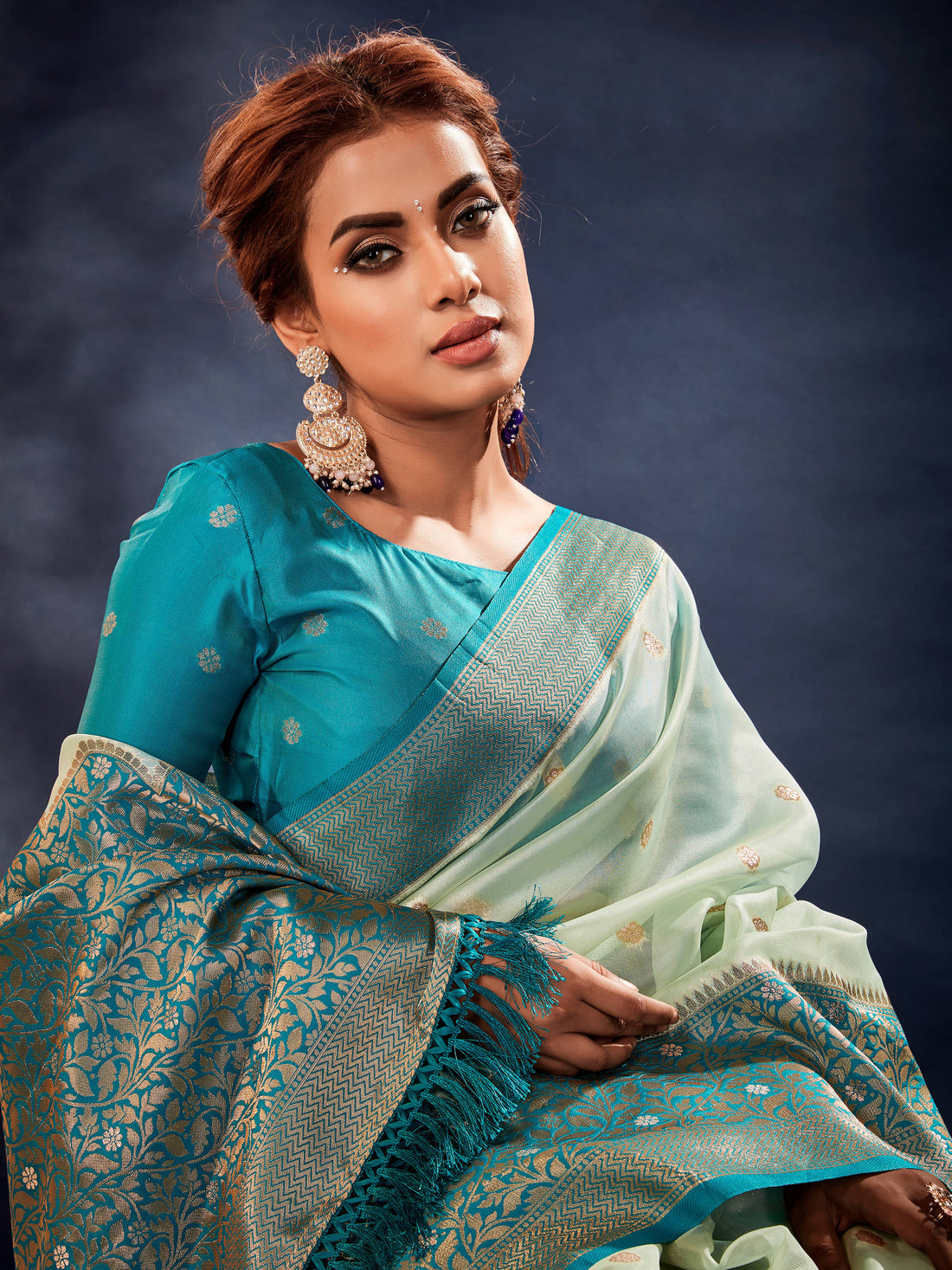 Fabulous Pista Green Woven Organza Silk Festival Wear Saree