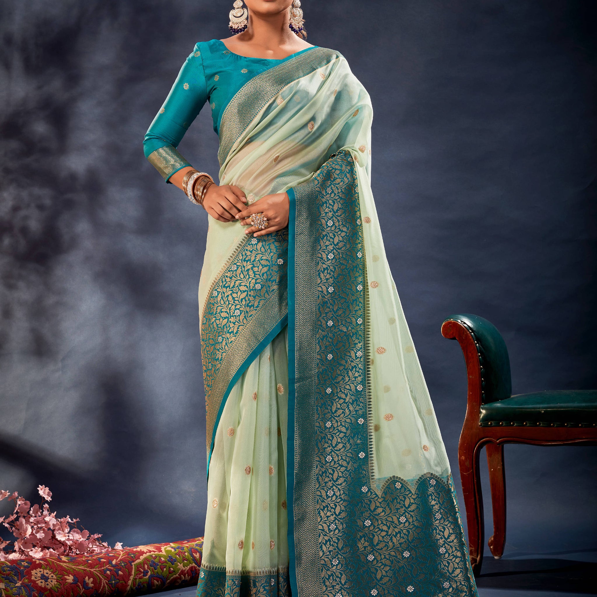 Fabulous Pista Green Woven Organza Silk Festival Wear Saree