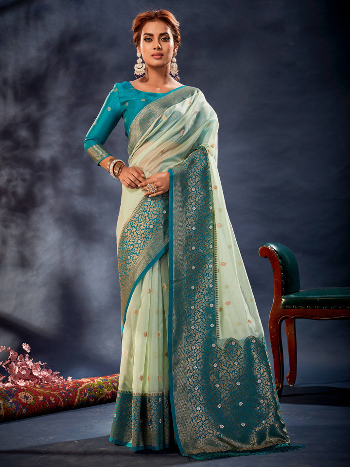 Fabulous Pista Green Woven Organza Silk Festival Wear Saree