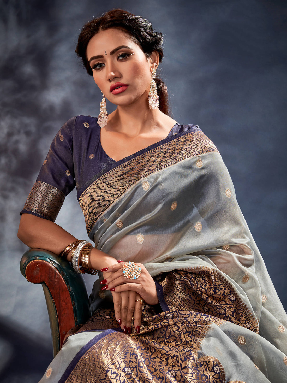 Amazing Light Grey Woven Organza Silk Wedding Wear Saree With Blouse