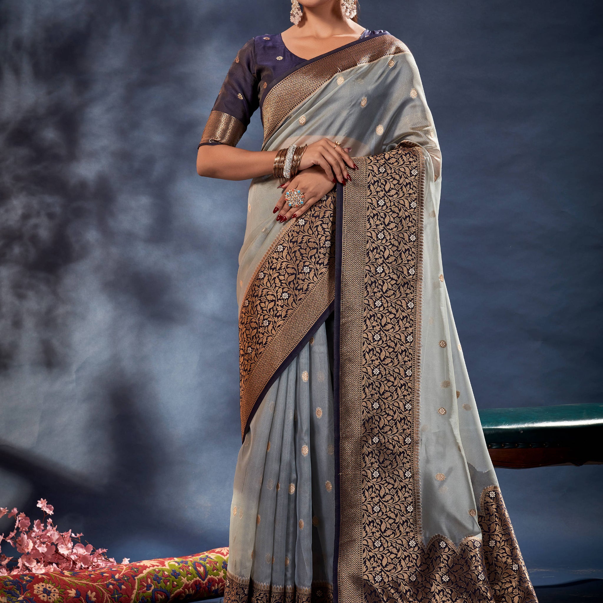Amazing Light Grey Woven Organza Silk Wedding Wear Saree With Blouse