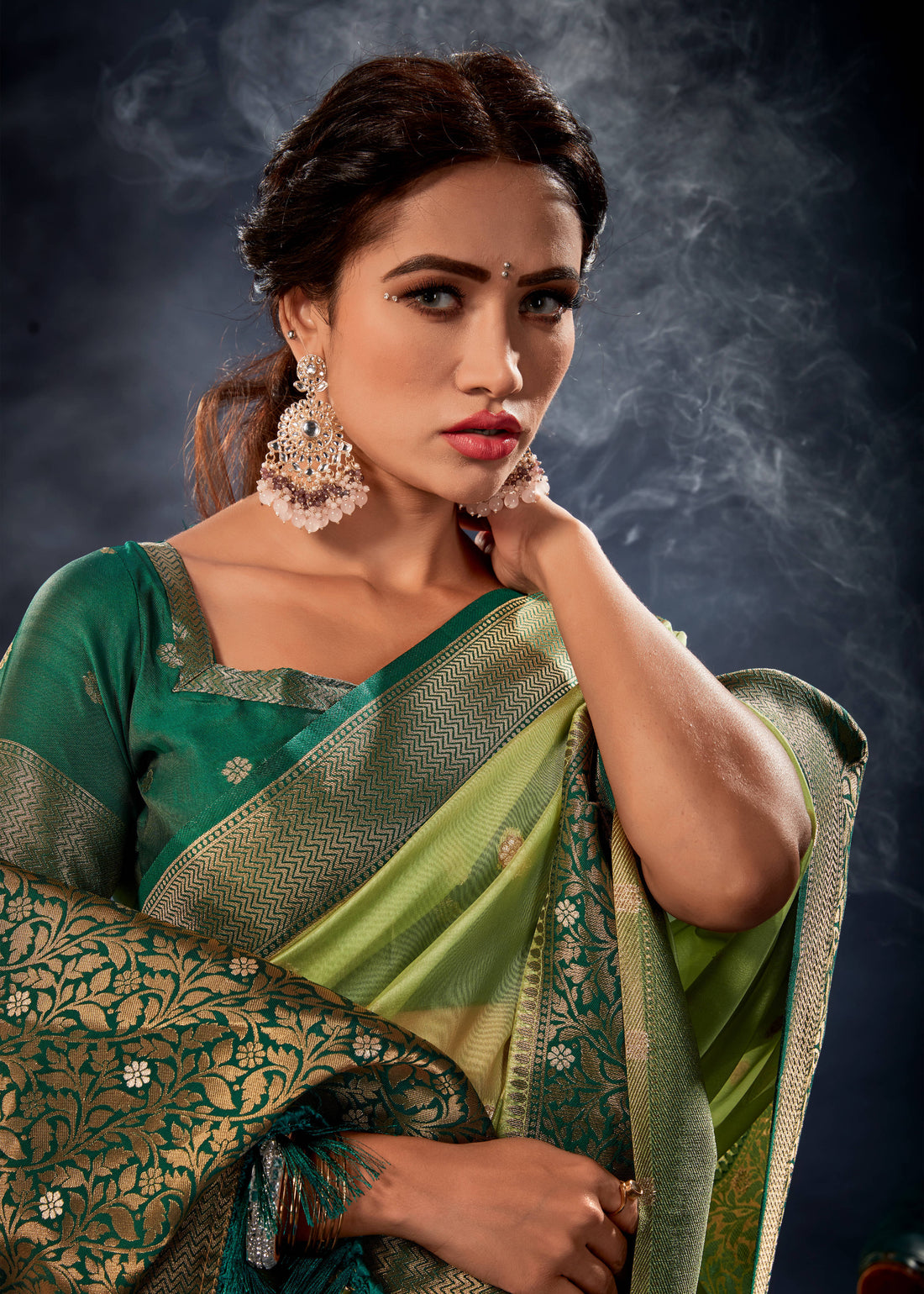 Beautiful Light Green Woven Organza Silk Reception Wear Saree