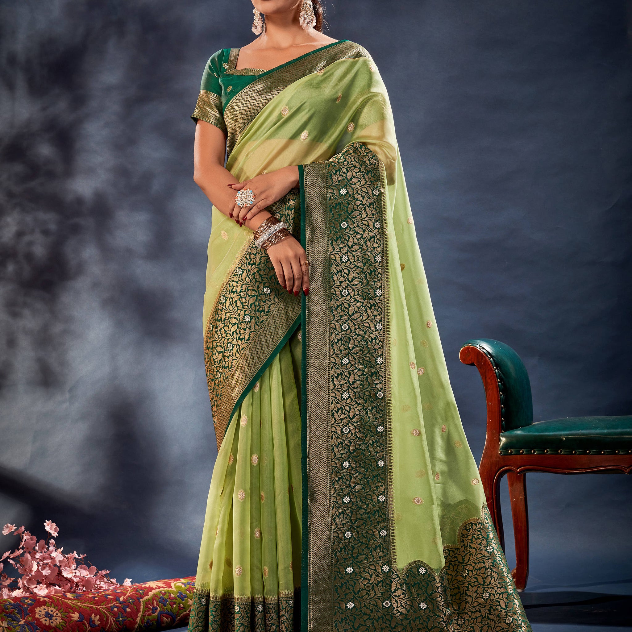 Beautiful Light Green Woven Organza Silk Reception Wear Saree