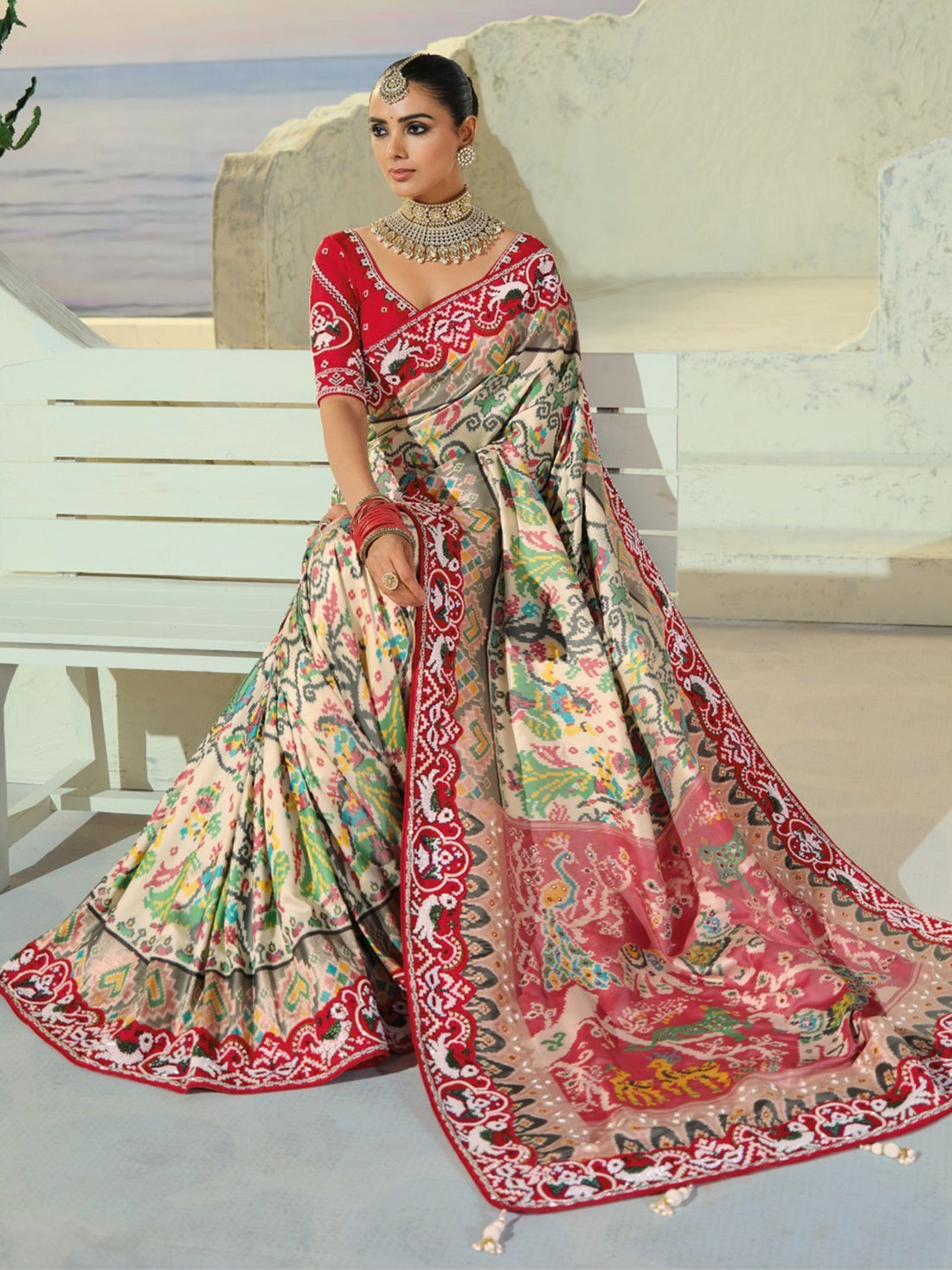 Artistic Cream Beads Work Silk Wedding Wear Patan Patola Style Saree