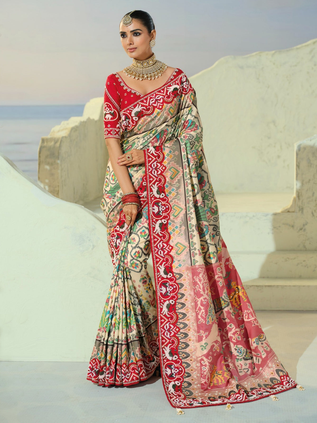 Artistic Cream Beads Work Silk Wedding Wear Patan Patola Style Saree
