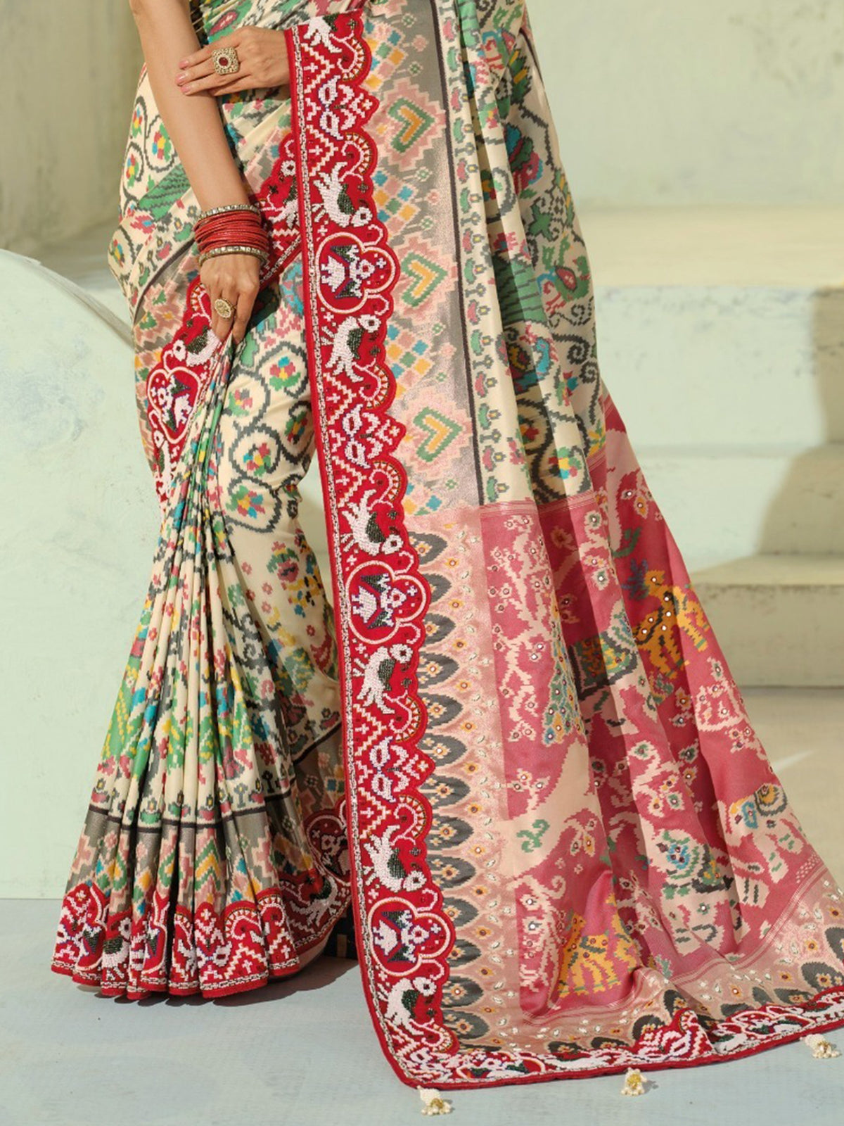 Artistic Cream Beads Work Silk Wedding Wear Patan Patola Style Saree