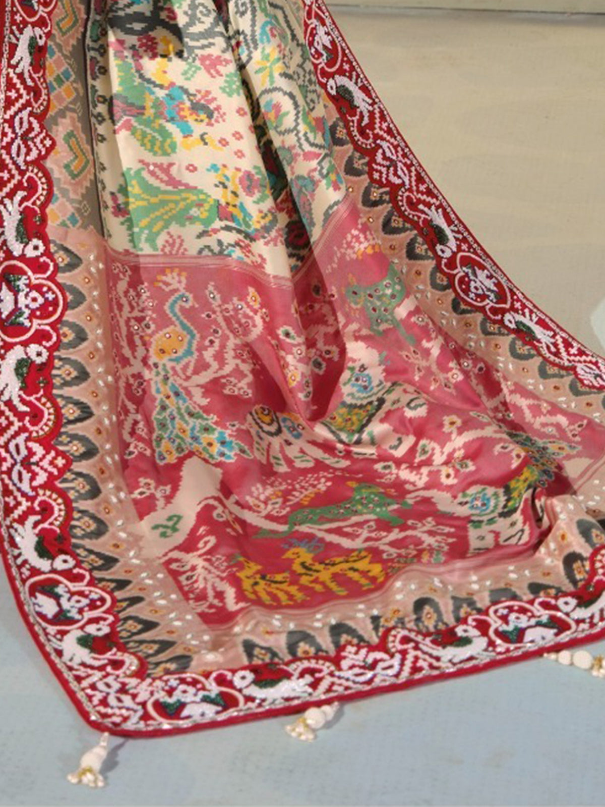 Artistic Cream Beads Work Silk Wedding Wear Patan Patola Style Saree