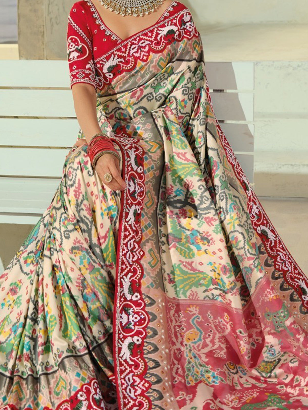 Artistic Cream Beads Work Silk Wedding Wear Patan Patola Style Saree