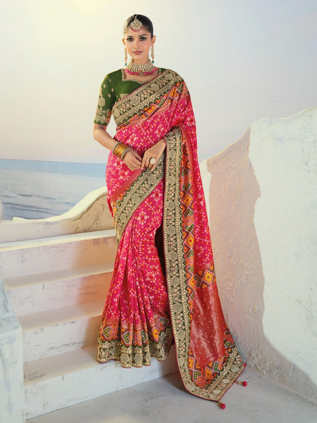 Gorgeous Pink Handwork Silk Wedding Wear Patan Patola Style Saree