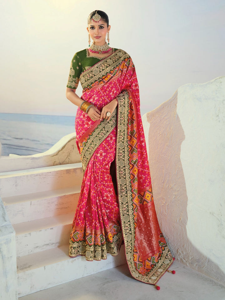 Gorgeous Pink Handwork Silk Wedding Wear Patan Patola Style Saree