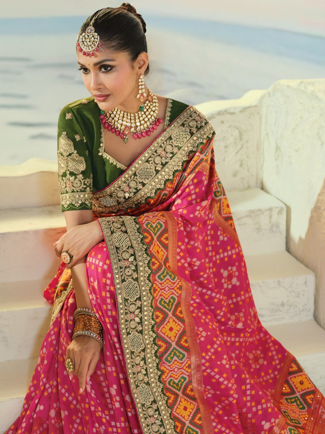 Gorgeous Pink Handwork Silk Wedding Wear Patan Patola Style Saree