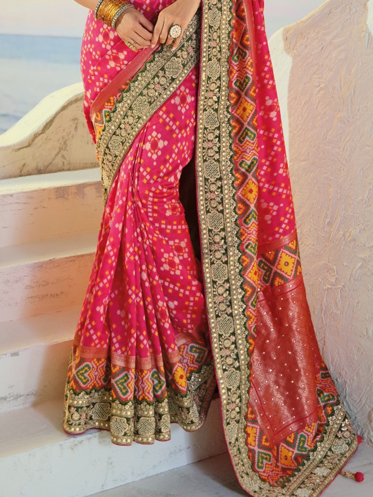 Gorgeous Pink Handwork Silk Wedding Wear Patan Patola Style Saree