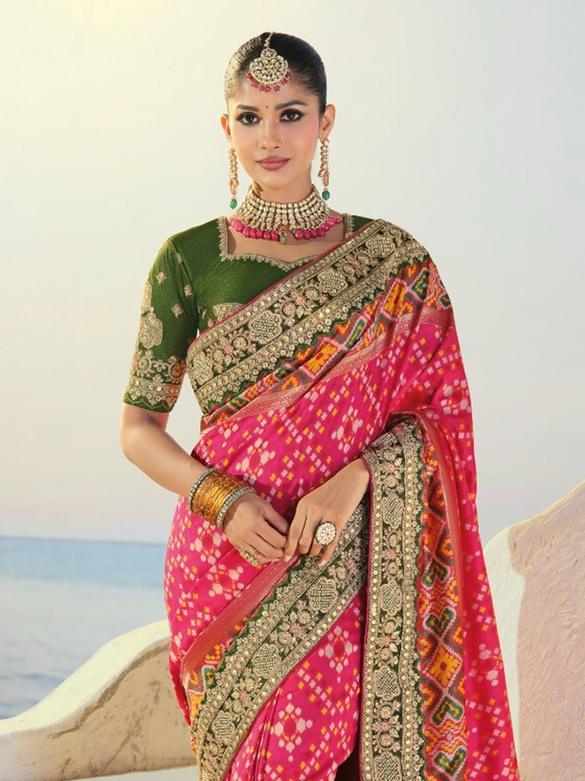 Gorgeous Pink Handwork Silk Wedding Wear Patan Patola Style Saree