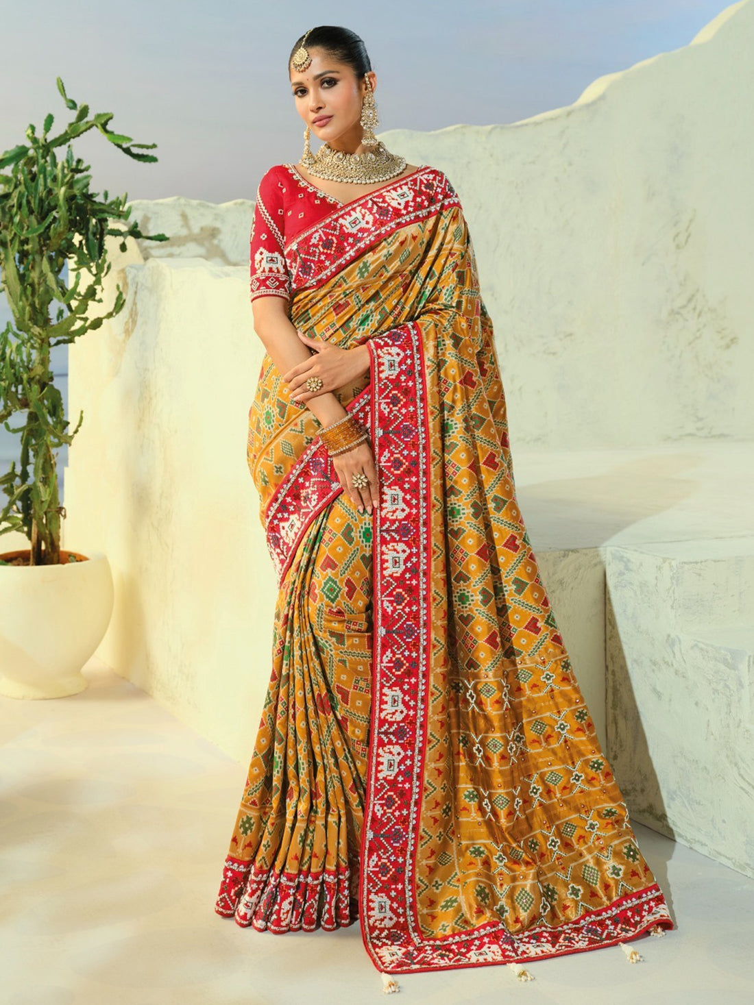 Royal Mustard Beads Work Silk Wedding Wear Patan Patola Style Saree