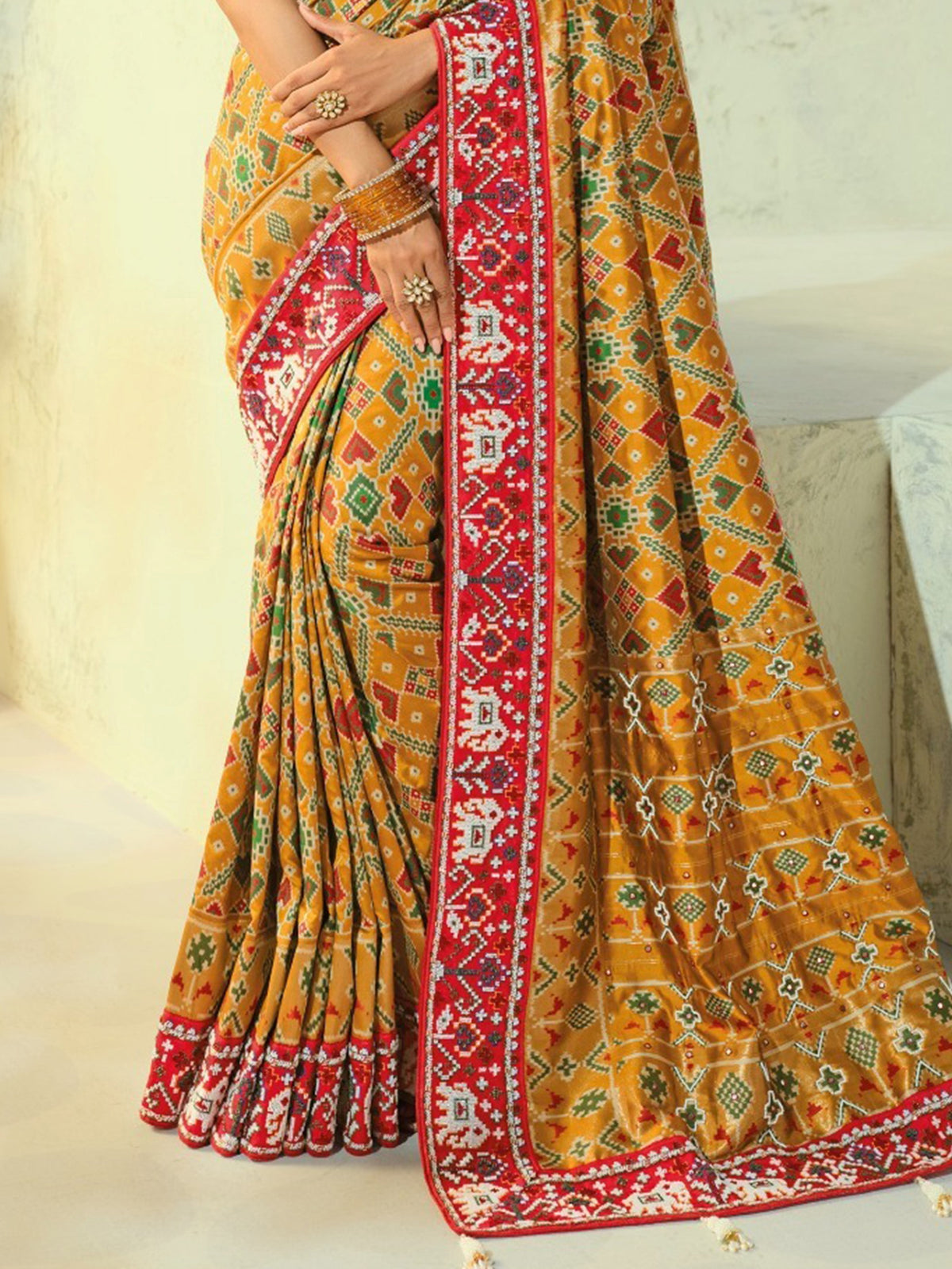Royal Mustard Beads Work Silk Wedding Wear Patan Patola Style Saree