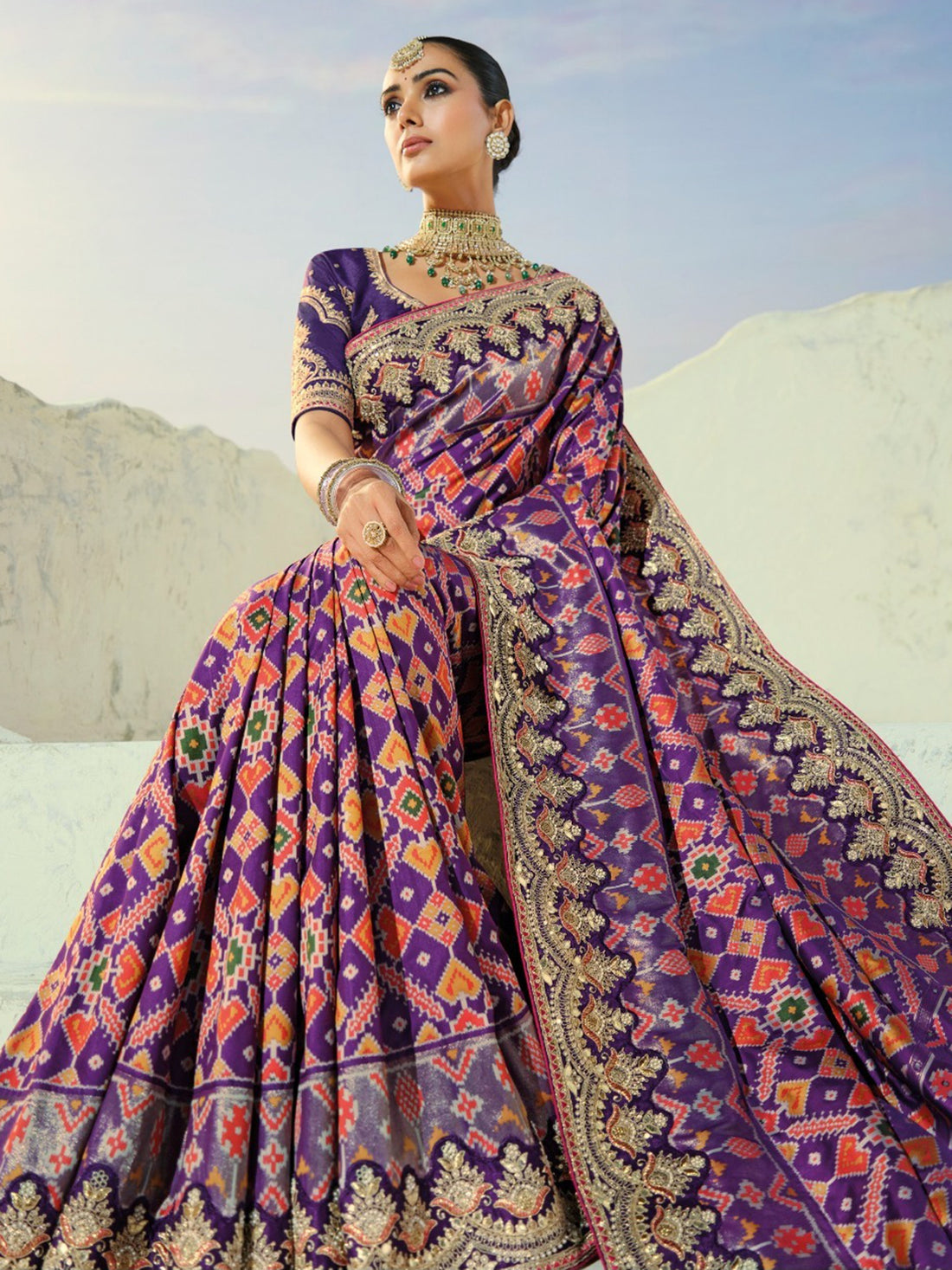 Dazzling Purple Handwork Silk Wedding Wear Patan Patola Style Saree