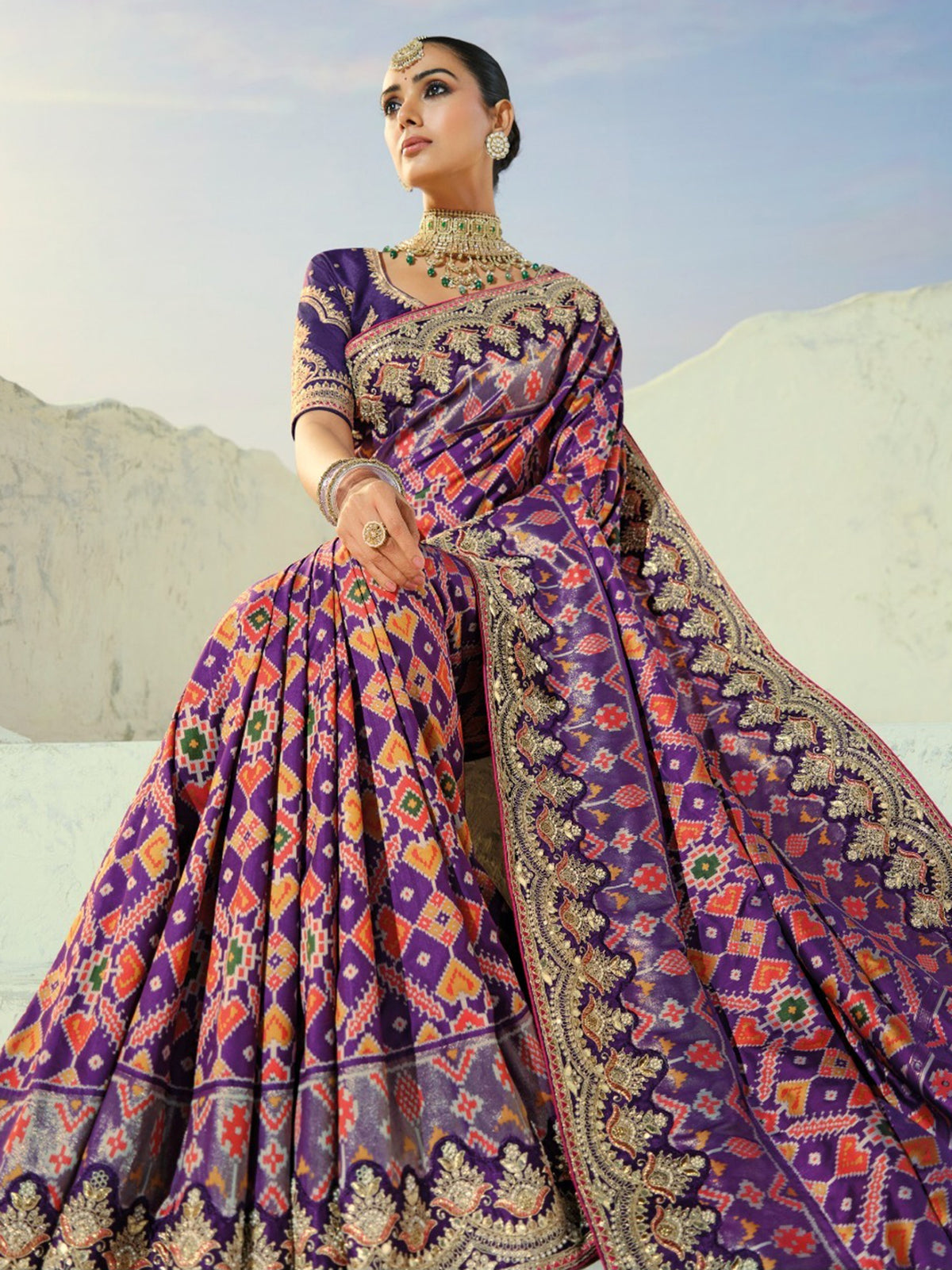 Dazzling Purple Handwork Silk Wedding Wear Patan Patola Style Saree