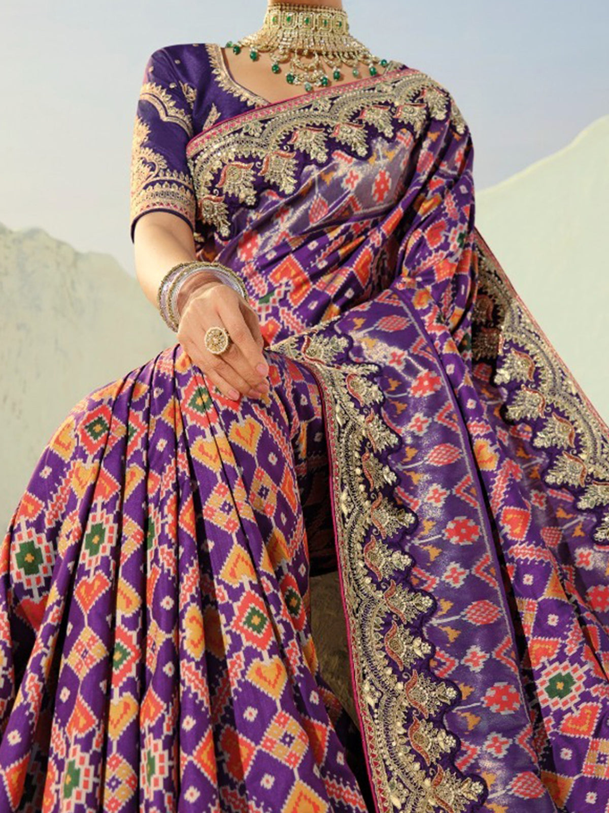 Dazzling Purple Handwork Silk Wedding Wear Patan Patola Style Saree