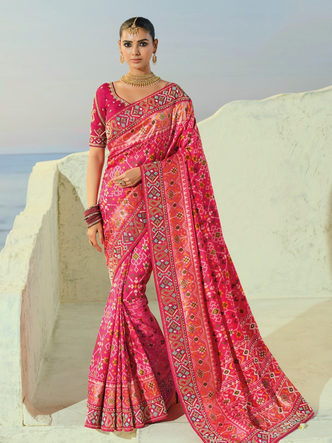 Charming Pink Beads Work Silk Wedding Wear Patan Patola Style Saree